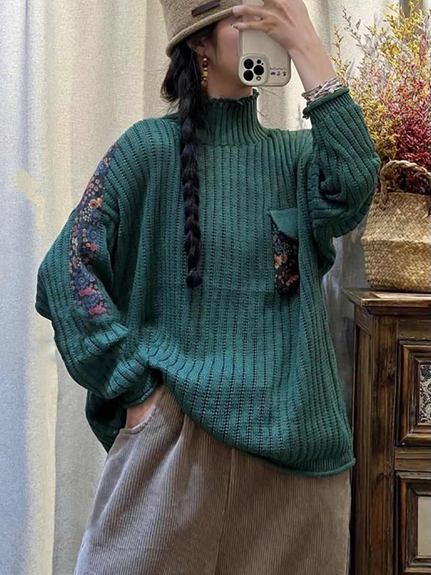 Women Winter Spliced Knitted Turtleneck Sweater