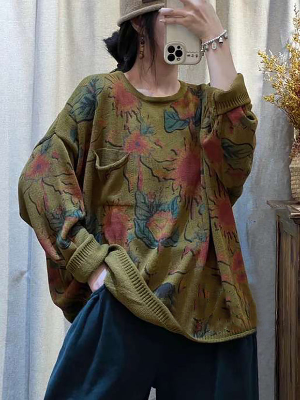 Women Casual Flower Knitted O-neck Sweater