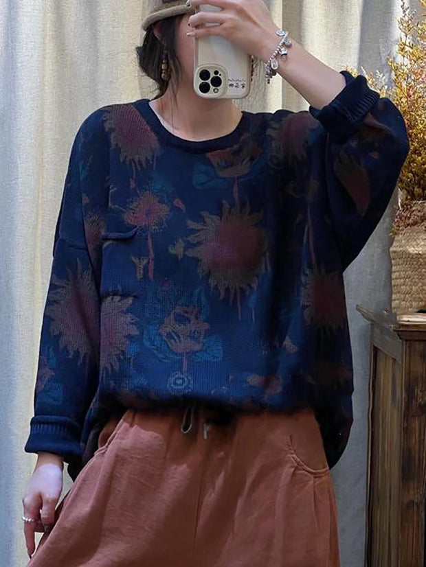 Women Casual Flower Knitted O-neck Sweater