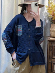 Women Vintage Patch Spliced Jacquard Cardigan Sweater