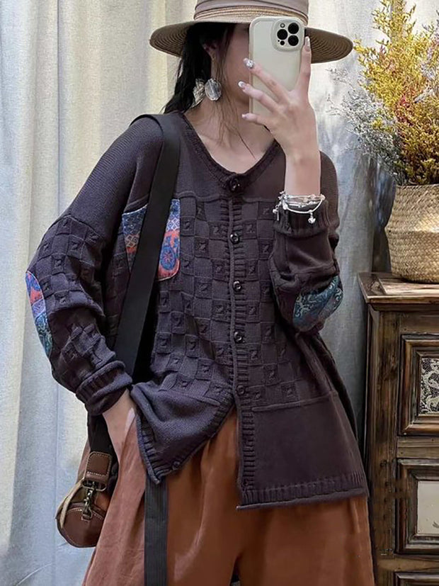 Women Vintage Patch Spliced Jacquard Cardigan Sweater