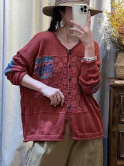 Women Vintage Patch Spliced Jacquard Cardigan Sweater