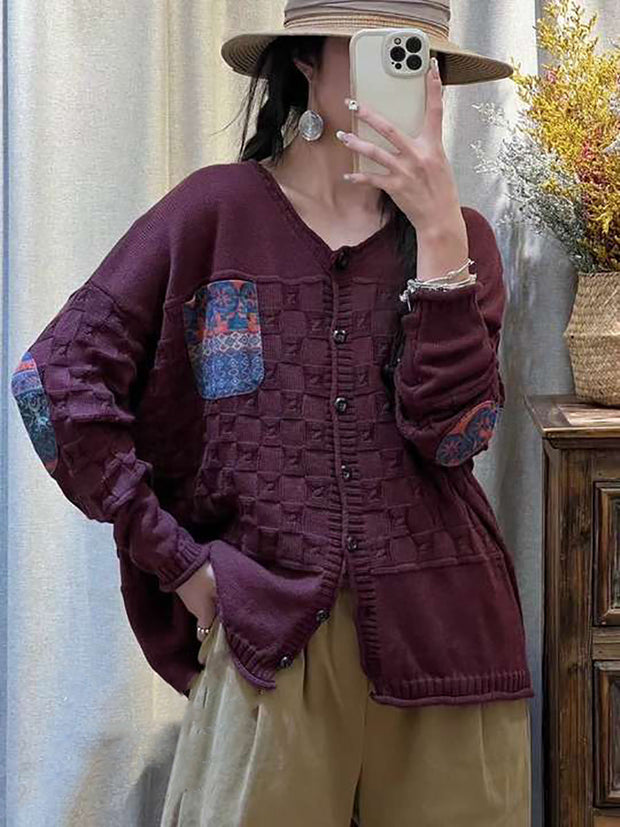 Women Vintage Patch Spliced Jacquard Cardigan Sweater