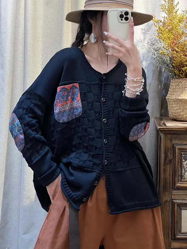Women Vintage Patch Spliced Jacquard Cardigan Sweater