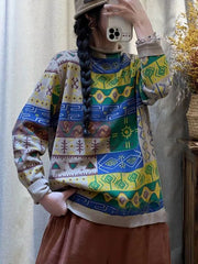 Women Vintage Print Knitted Turtleneck Knitted Sweater