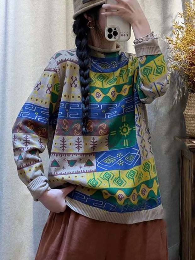 Women Vintage Print Knitted Turtleneck Knitted Sweater