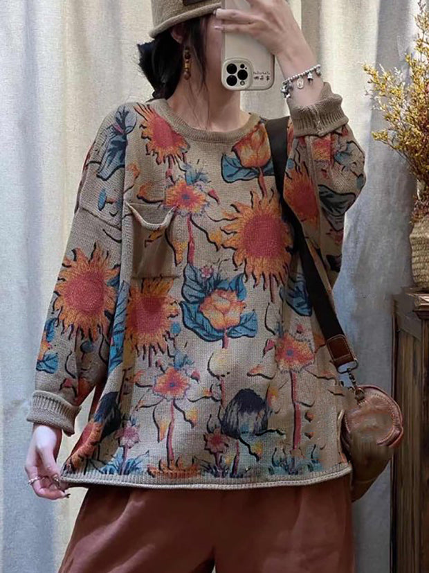 Women Casual Flower Knitted O-neck Sweater