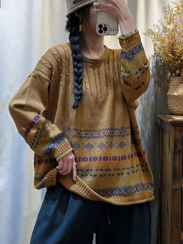 Women Winter Vintage Jacquard Print Sweater