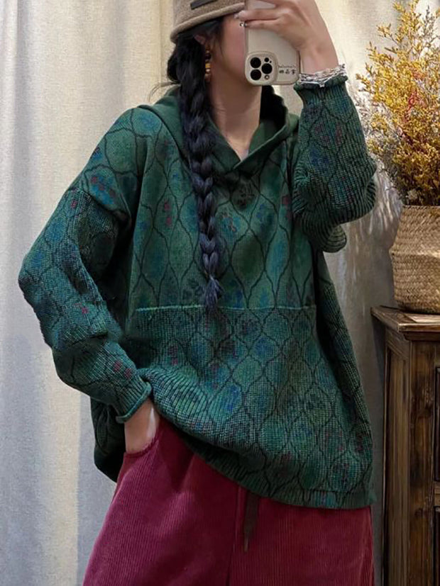 Women Winter Vintage Flower Kniited Hooded Sweater