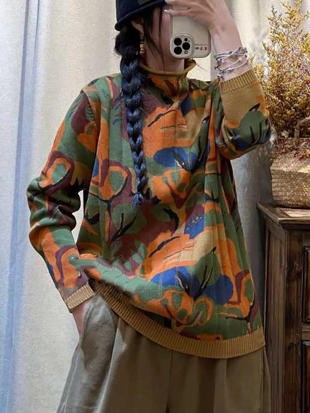 Women Casual Tree Print Half-high Collar Sweater