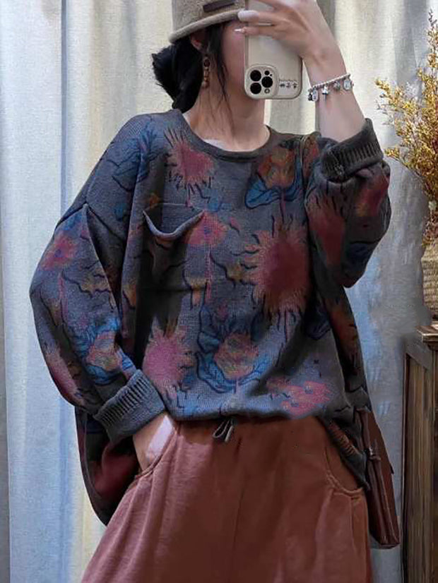 Women Casual Flower Knitted O-neck Sweater