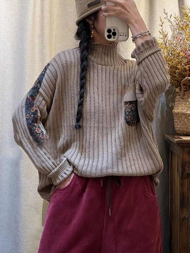 Women Winter Spliced Knitted Turtleneck Sweater