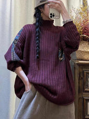 Women Winter Spliced Knitted Turtleneck Sweater