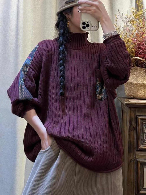 Women Winter Spliced Knitted Turtleneck Sweater