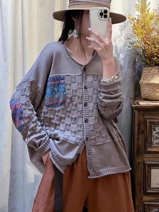 Women Vintage Patch Spliced Jacquard Cardigan Sweater