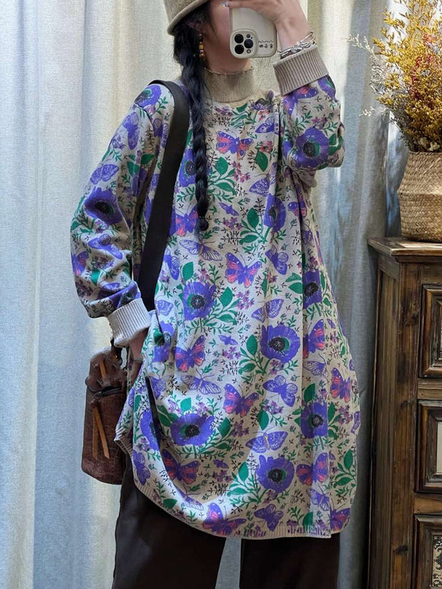Women Artsy Flower Butterfly Knitted Turtleneck Sweater