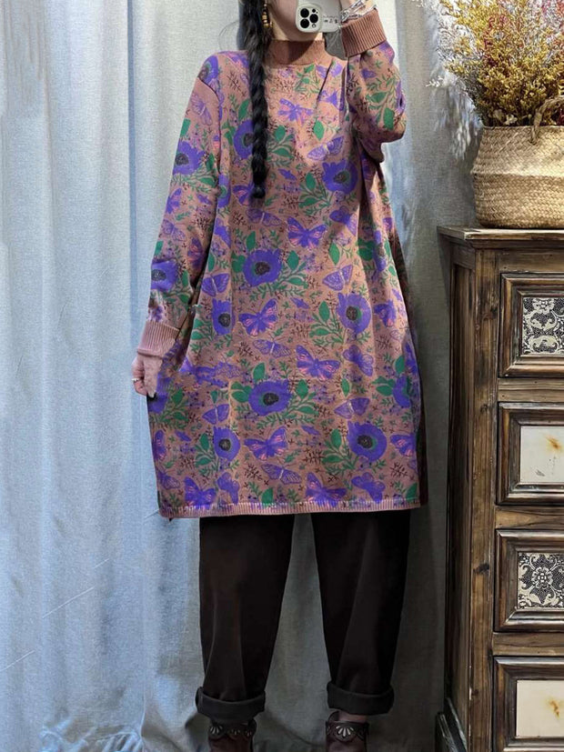 Women Artsy Flower Butterfly Knitted Turtleneck Sweater