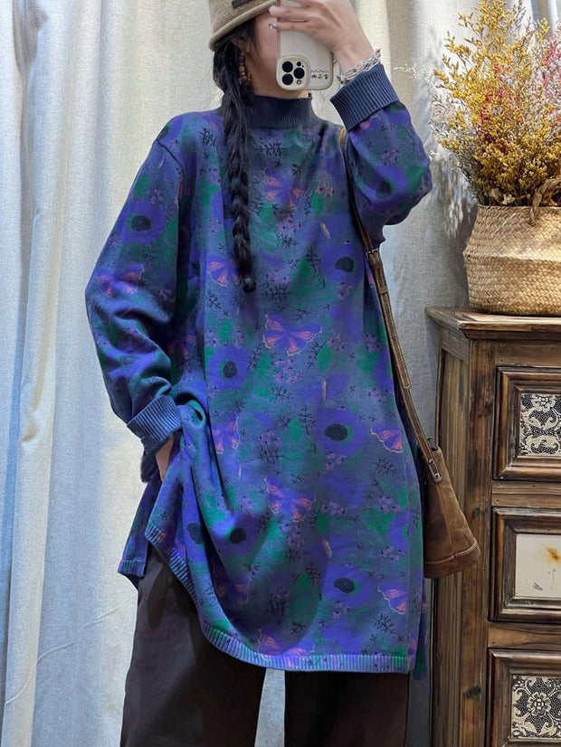 Women Artsy Flower Butterfly Knitted Turtleneck Sweater