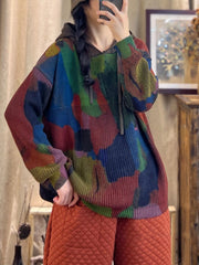 Autumn Multicolor Print Hooded Loose Women Sweater