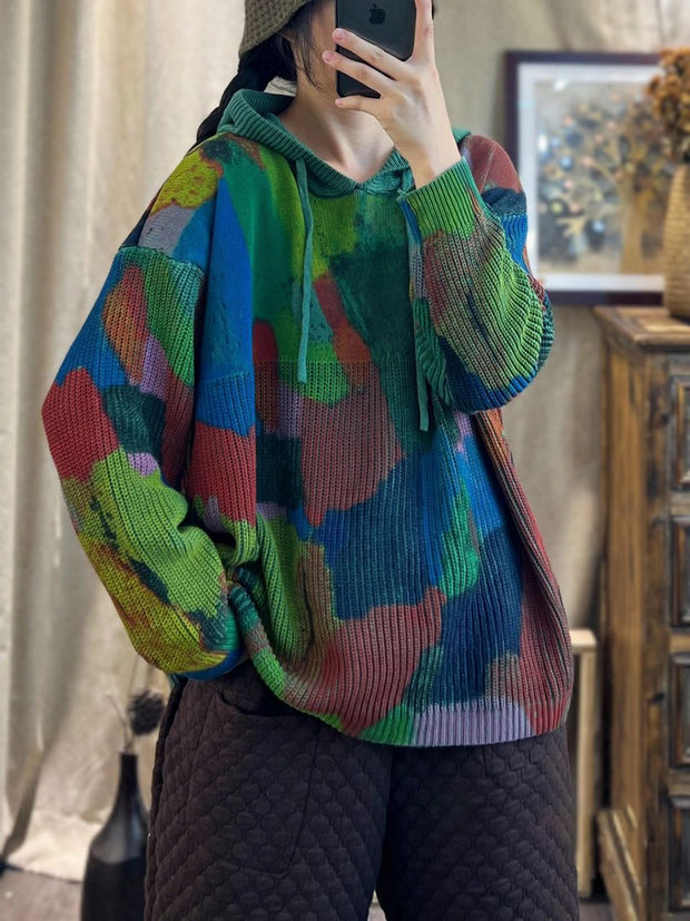 Autumn Multicolor Print Hooded Loose Women Sweater