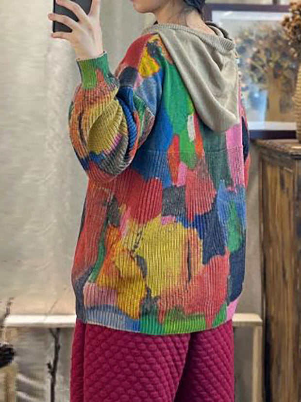 Autumn Multicolor Print Hooded Loose Women Sweater