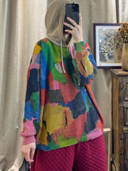 Autumn Multicolor Print Hooded Loose Women Sweater
