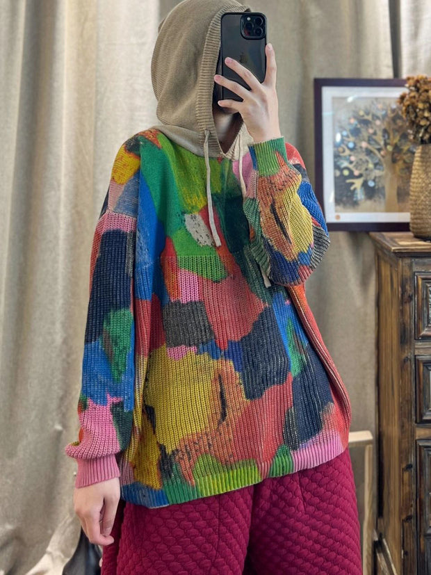 Autumn Multicolor Print Hooded Loose Women Sweater